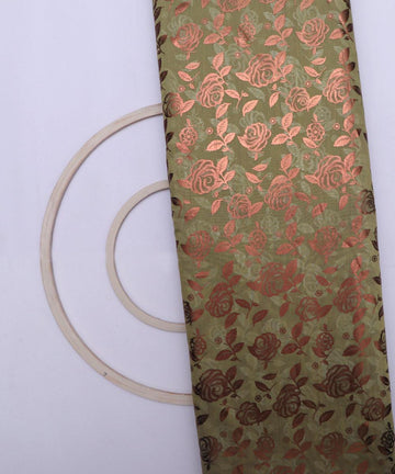 olive green and copper floral foil print modal chanderi fabric b124 5694